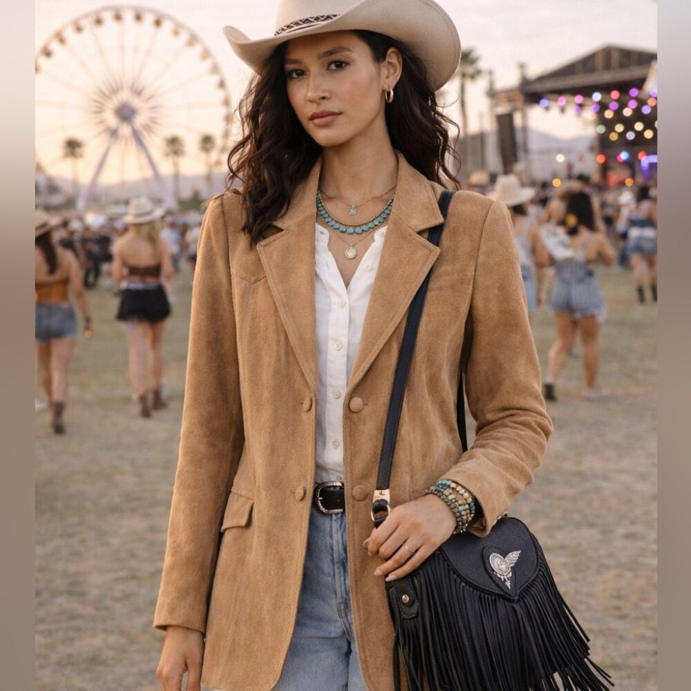 Vintage American West Suede Leather Blazer Tan Western Jacket Rodeo Festival